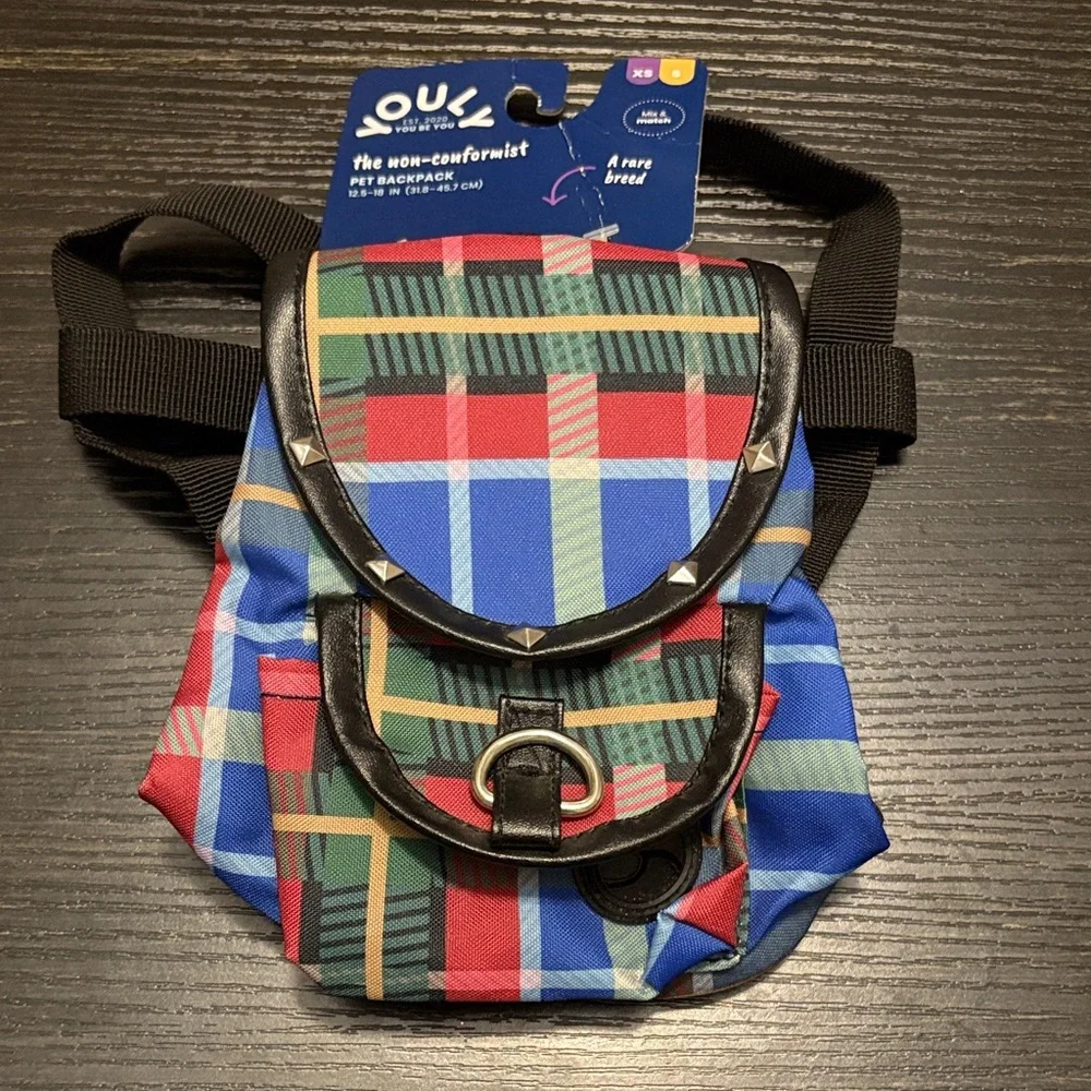 Colorful Plaid Pet Backpack poop bag dispenser
